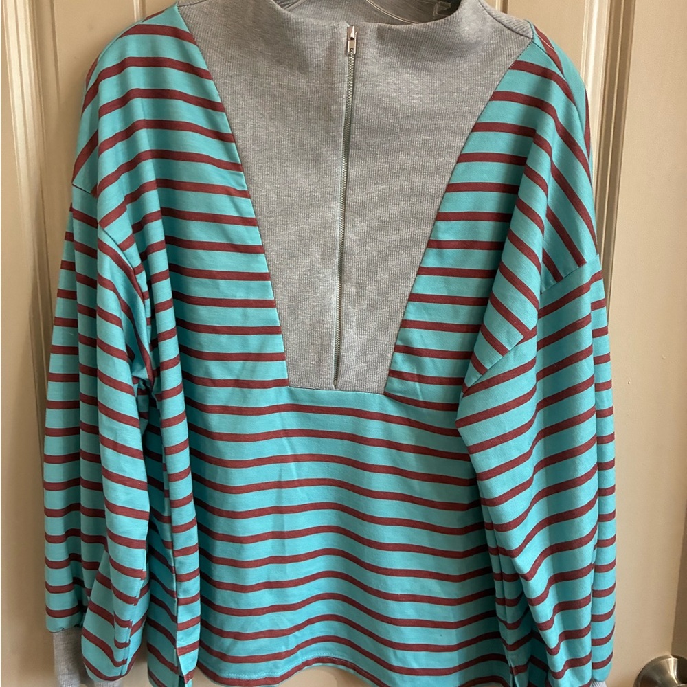 Chic Teal and Gray Striped Long Sleeve Top